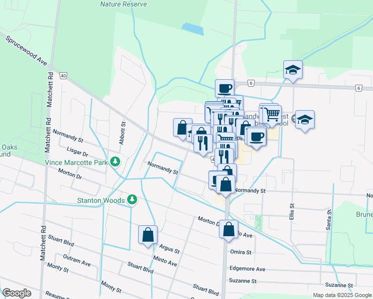 map of restaurants, bars, coffee shops, grocery stores, and more near 1700 Sprucewood Ave in LaSalle