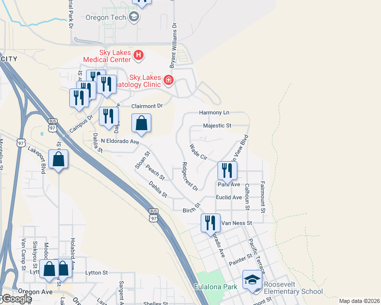 map of restaurants, bars, coffee shops, grocery stores, and more near 1600 Wade Circle in Klamath Falls