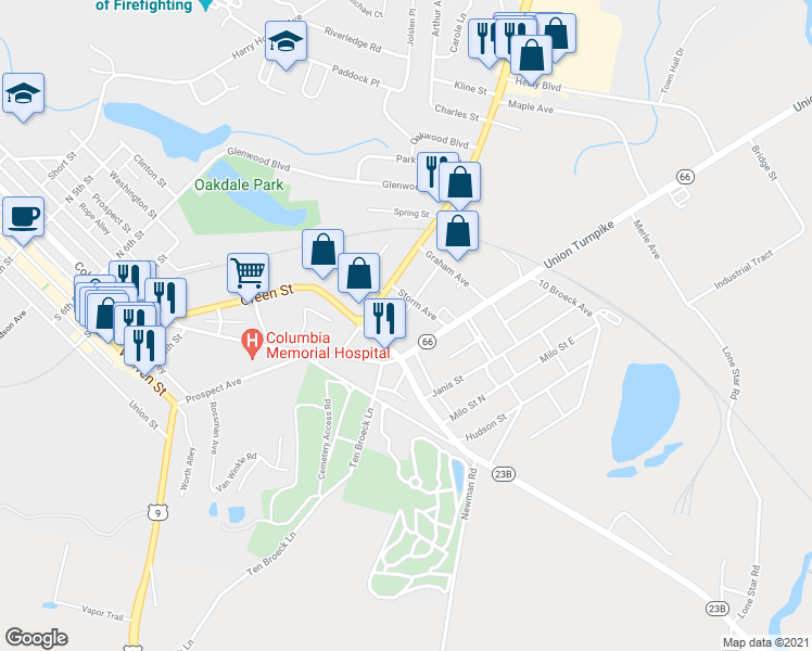 map of restaurants, bars, coffee shops, grocery stores, and more near 13 Aitken Avenue in Hudson