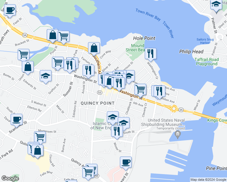 map of restaurants, bars, coffee shops, grocery stores, and more near 85 Germain Avenue in Quincy
