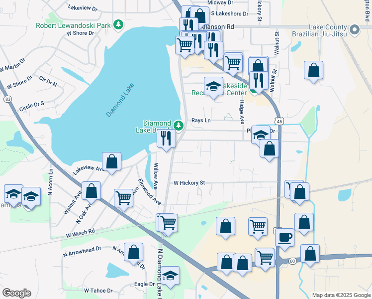 map of restaurants, bars, coffee shops, grocery stores, and more near 128 Maplewood Avenue in Mundelein