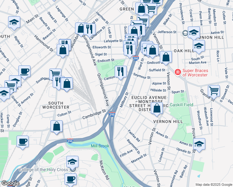 map of restaurants, bars, coffee shops, grocery stores, and more near 342 Millbury Street in Worcester