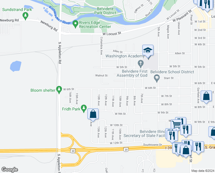 map of restaurants, bars, coffee shops, grocery stores, and more near 1019 West 6th Street in Belvidere