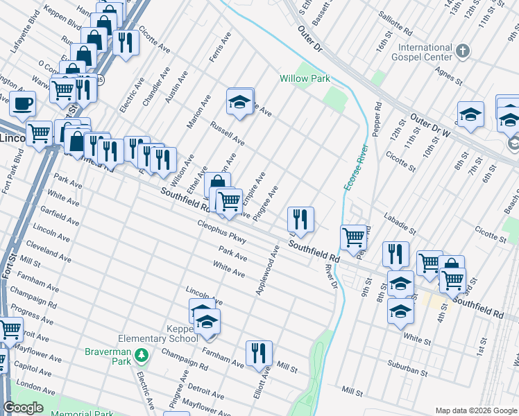 map of restaurants, bars, coffee shops, grocery stores, and more near 1606 Pingree Avenue in Lincoln Park