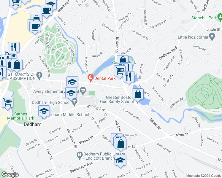 map of restaurants, bars, coffee shops, grocery stores, and more near 90 High Street in Dedham