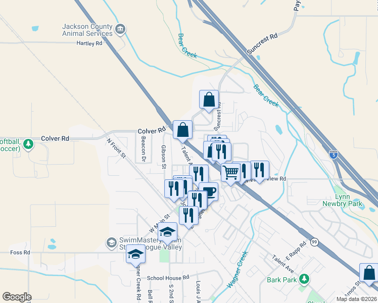 map of restaurants, bars, coffee shops, grocery stores, and more near 21 Talent Avenue in Talent