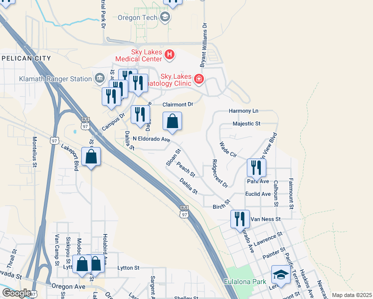 map of restaurants, bars, coffee shops, grocery stores, and more near 2059 North Eldorado Avenue in Klamath Falls