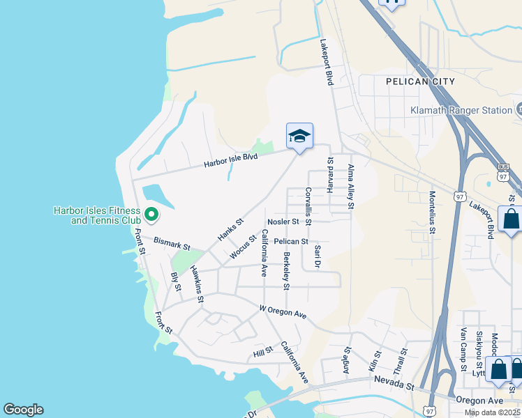 map of restaurants, bars, coffee shops, grocery stores, and more near 725 Hanks Street in Klamath Falls