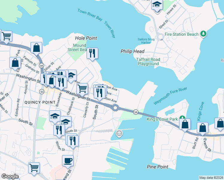 map of restaurants, bars, coffee shops, grocery stores, and more near 63 Avalon Avenue in Quincy
