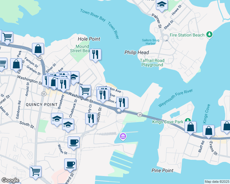 map of restaurants, bars, coffee shops, grocery stores, and more near 63 Avalon Avenue in Quincy