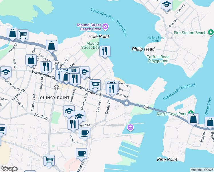 map of restaurants, bars, coffee shops, grocery stores, and more near 7 Lawn Avenue in Quincy