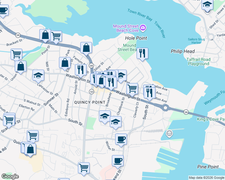 map of restaurants, bars, coffee shops, grocery stores, and more near 532 Washington Street in Quincy