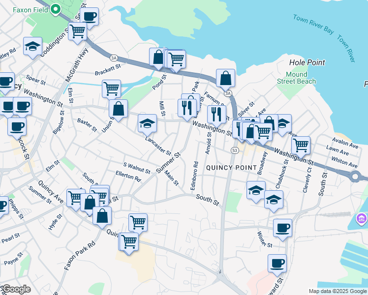 map of restaurants, bars, coffee shops, grocery stores, and more near 136 Sumner Street in Quincy