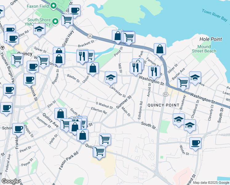 map of restaurants, bars, coffee shops, grocery stores, and more near 49 Lancaster Street in Quincy