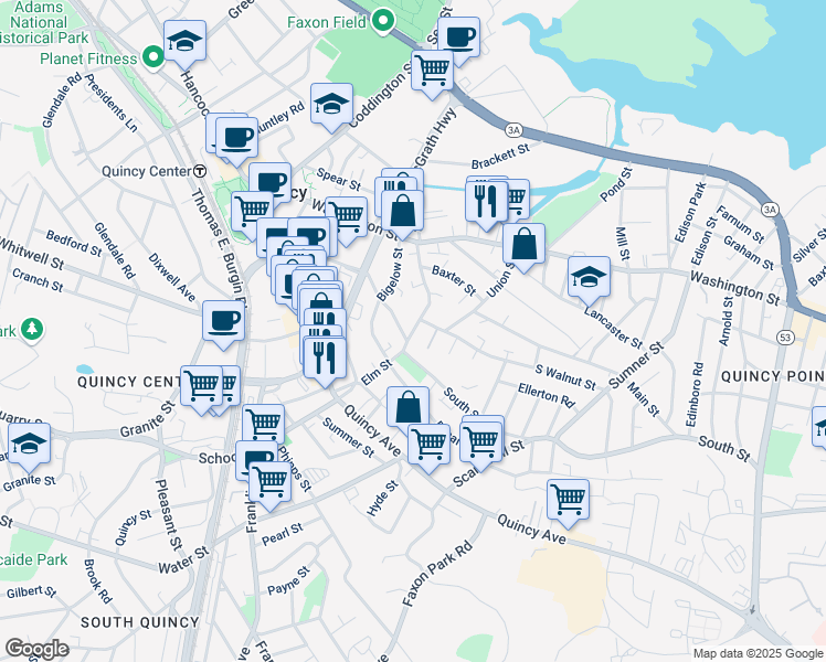 map of restaurants, bars, coffee shops, grocery stores, and more near 11 Taft Street in Quincy