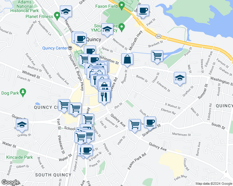 map of restaurants, bars, coffee shops, grocery stores, and more near 35 Revere Road in Quincy