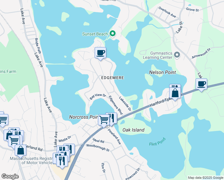 map of restaurants, bars, coffee shops, grocery stores, and more near 48 Edgemere Boulevard in Shrewsbury