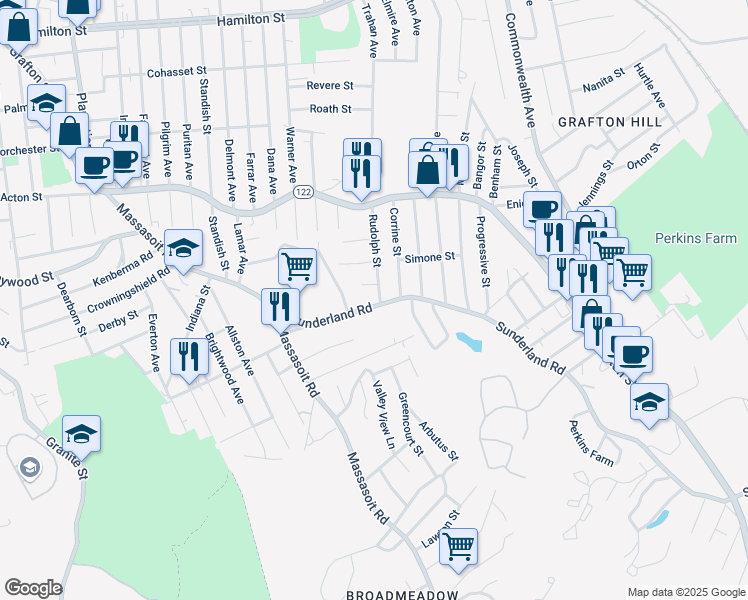 map of restaurants, bars, coffee shops, grocery stores, and more near 91 Sunderland Road in Worcester