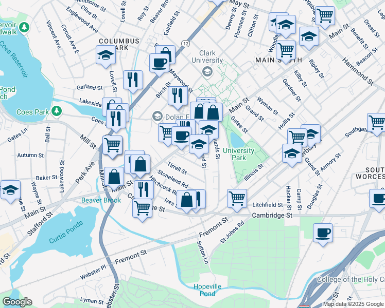 map of restaurants, bars, coffee shops, grocery stores, and more near 7 Freeland Terrace in Worcester
