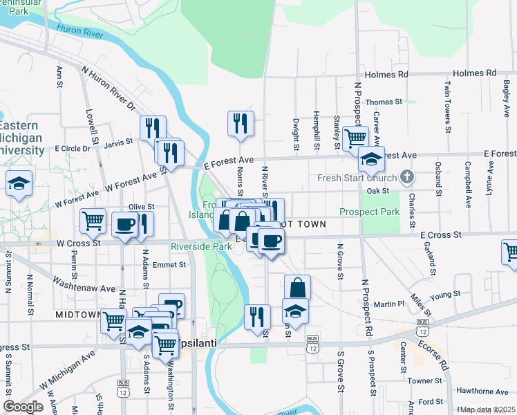 map of restaurants, bars, coffee shops, grocery stores, and more near 508 North River Street in Ypsilanti