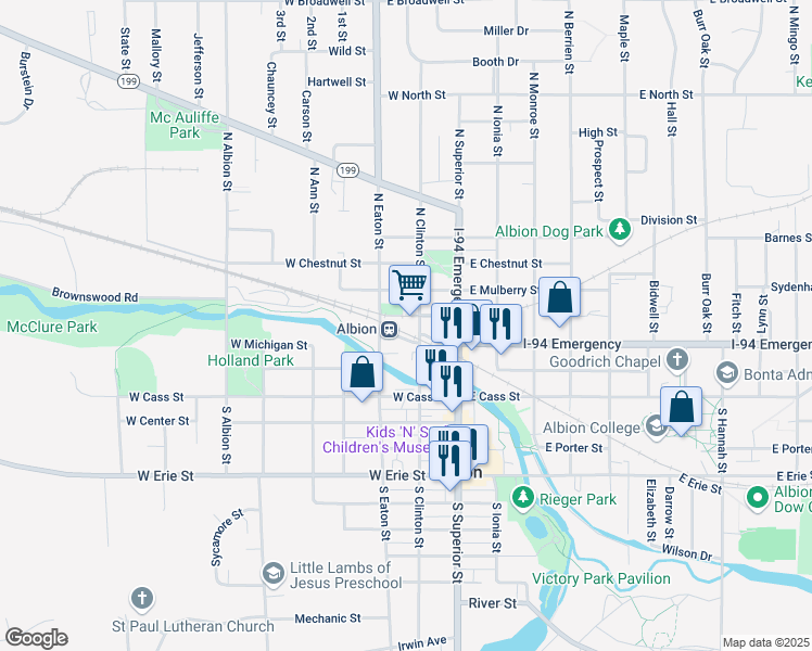 map of restaurants, bars, coffee shops, grocery stores, and more near 319-329 North Clinton Street in Albion