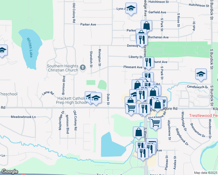 map of restaurants, bars, coffee shops, grocery stores, and more near 4303 Duke Street in Kalamazoo