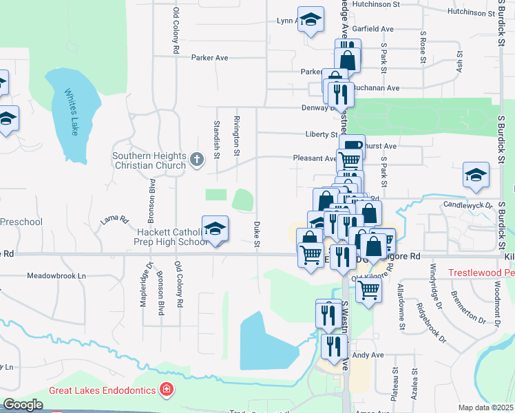 map of restaurants, bars, coffee shops, grocery stores, and more near 4303 Duke Street in Kalamazoo