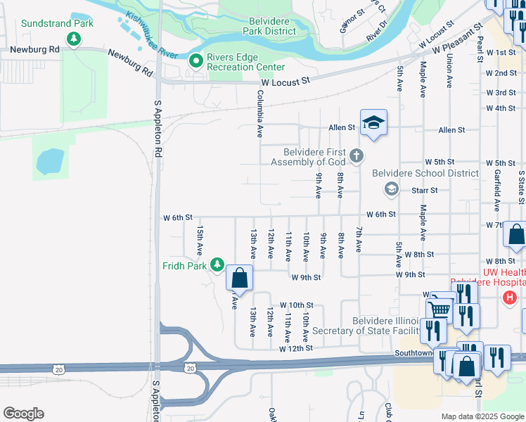 map of restaurants, bars, coffee shops, grocery stores, and more near 1111 West 6th Street in Belvidere
