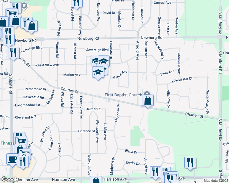map of restaurants, bars, coffee shops, grocery stores, and more near 5230 Village Court in Rockford