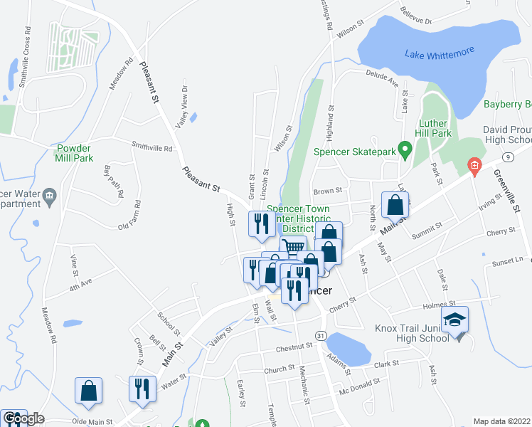 map of restaurants, bars, coffee shops, grocery stores, and more near 6 Lincoln Street in Spencer