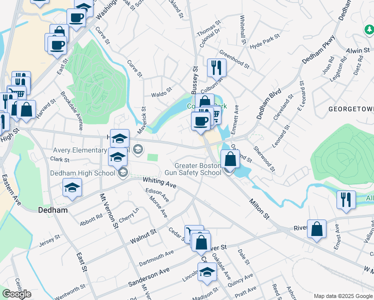 map of restaurants, bars, coffee shops, grocery stores, and more near 80 High Street in Dedham