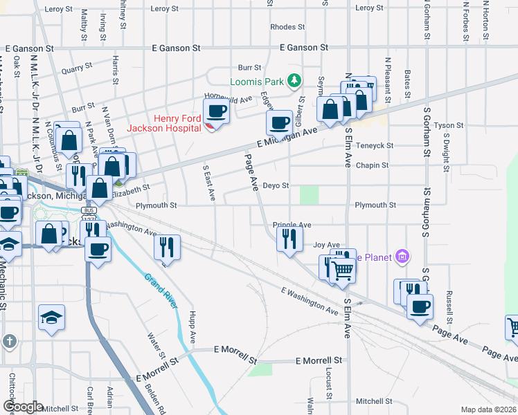 map of restaurants, bars, coffee shops, grocery stores, and more near 1139 Plymouth Street in Jackson