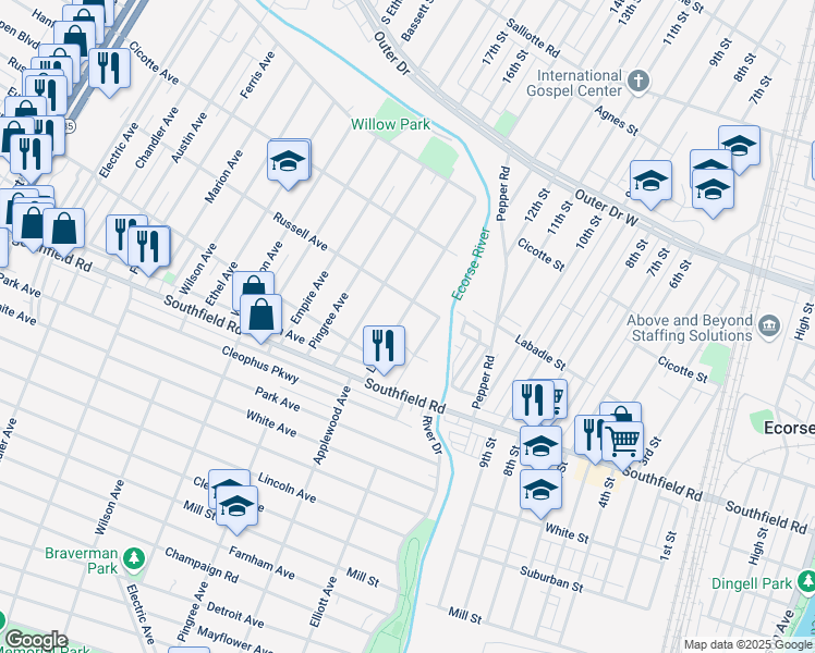 map of restaurants, bars, coffee shops, grocery stores, and more near 1548 Lejeune Avenue in Lincoln Park