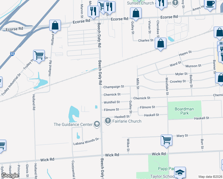 map of restaurants, bars, coffee shops, grocery stores, and more near 25653 Champaign Street in Taylor