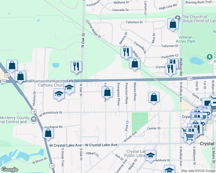 map of restaurants, bars, coffee shops, grocery stores, and more near 235 Lincoln Parkway in Crystal Lake