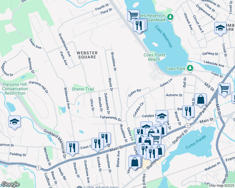map of restaurants, bars, coffee shops, grocery stores, and more near 115 Brookline Street in Worcester