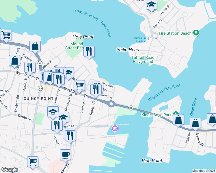 map of restaurants, bars, coffee shops, grocery stores, and more near 63 Avalon Avenue in Quincy