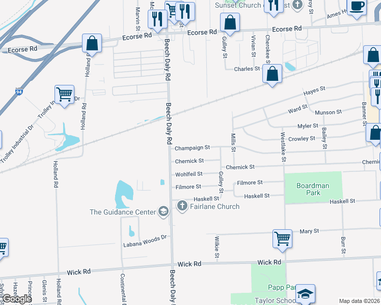 map of restaurants, bars, coffee shops, grocery stores, and more near 25653 Champaign Street in Taylor