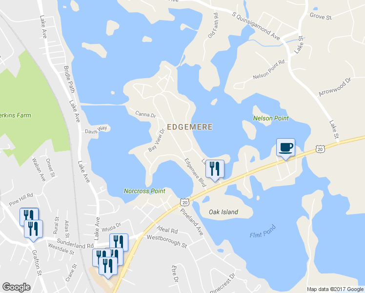 map of restaurants, bars, coffee shops, grocery stores, and more near 48 Edgemere Boulevard in Shrewsbury