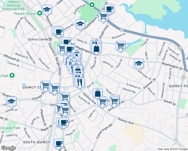 map of restaurants, bars, coffee shops, grocery stores, and more near 49 Miller Stile Road in Quincy