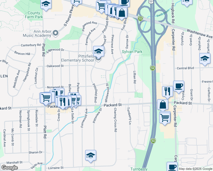 map of restaurants, bars, coffee shops, grocery stores, and more near 2826 Whitewood Street in Ann Arbor