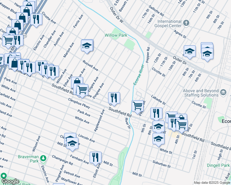 map of restaurants, bars, coffee shops, grocery stores, and more near 1548 Lejeune Avenue in Lincoln Park