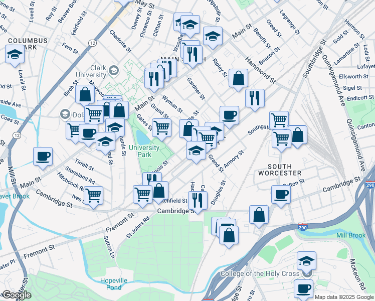map of restaurants, bars, coffee shops, grocery stores, and more near 25 Illinois Street in Worcester
