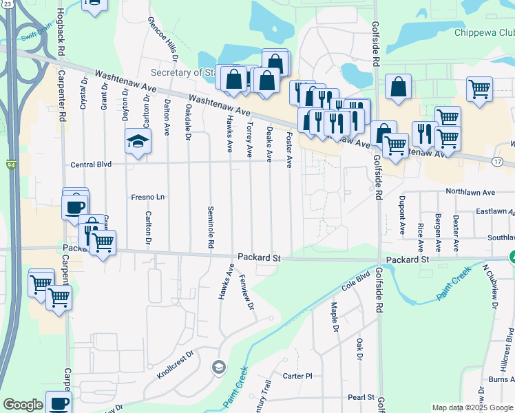 map of restaurants, bars, coffee shops, grocery stores, and more near 2747 Torrey Avenue in Ann Arbor