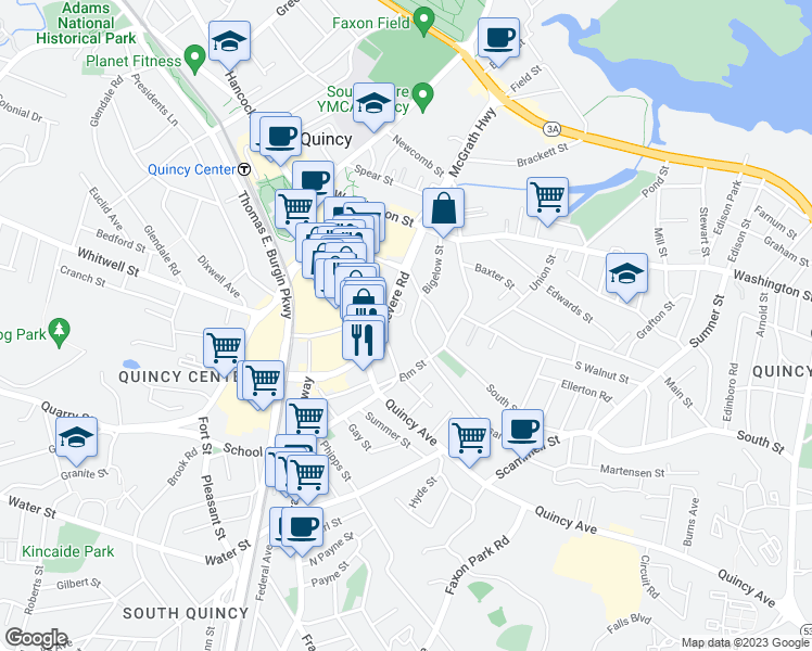 map of restaurants, bars, coffee shops, grocery stores, and more near 81 Bigelow Street in Quincy