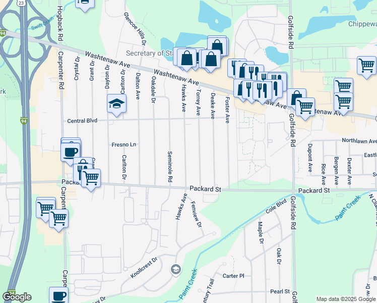 map of restaurants, bars, coffee shops, grocery stores, and more near 2751 Hawks Road in Ann Arbor
