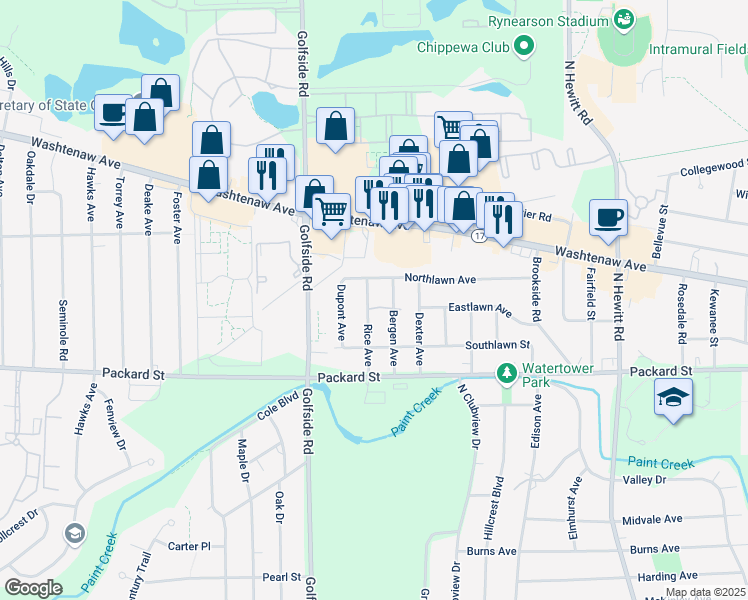 map of restaurants, bars, coffee shops, grocery stores, and more near 512 Rice Avenue in Ypsilanti