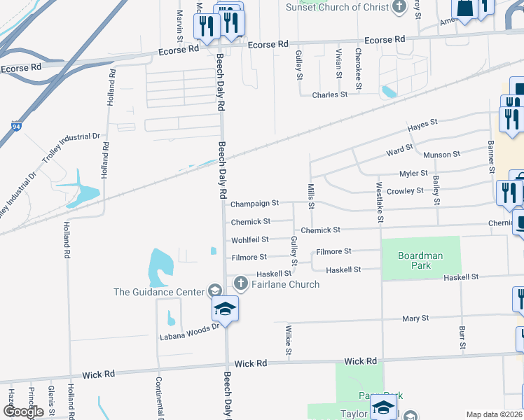 map of restaurants, bars, coffee shops, grocery stores, and more near 25519 Champaign Street in Taylor