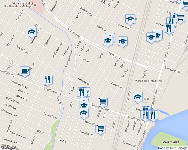 map of restaurants, bars, coffee shops, grocery stores, and more near 4316 8th Street in Ecorse