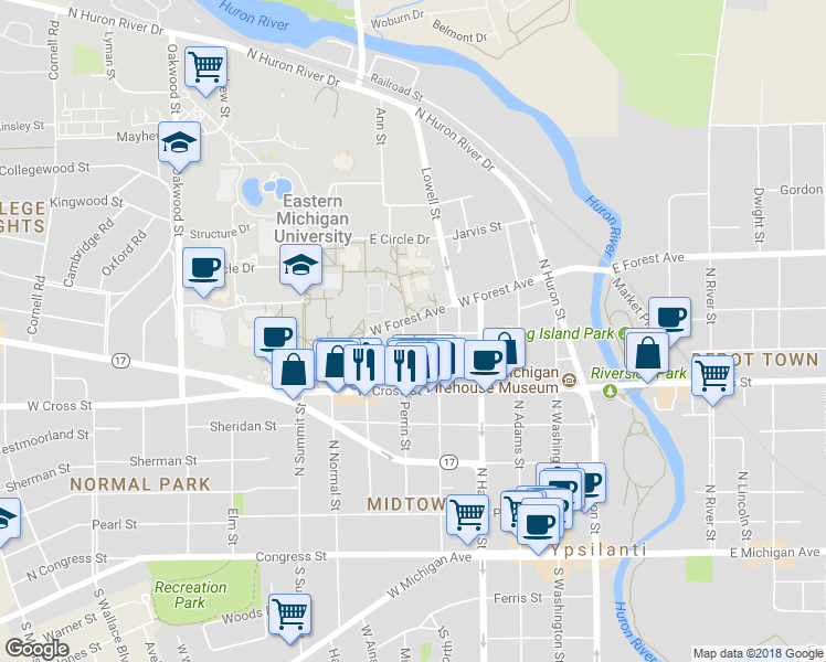 map of restaurants, bars, coffee shops, grocery stores, and more near 511 West Forest Avenue in Ypsilanti
